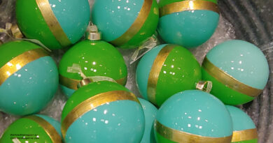 turquoise, green, and gold coloured Christmas baubles