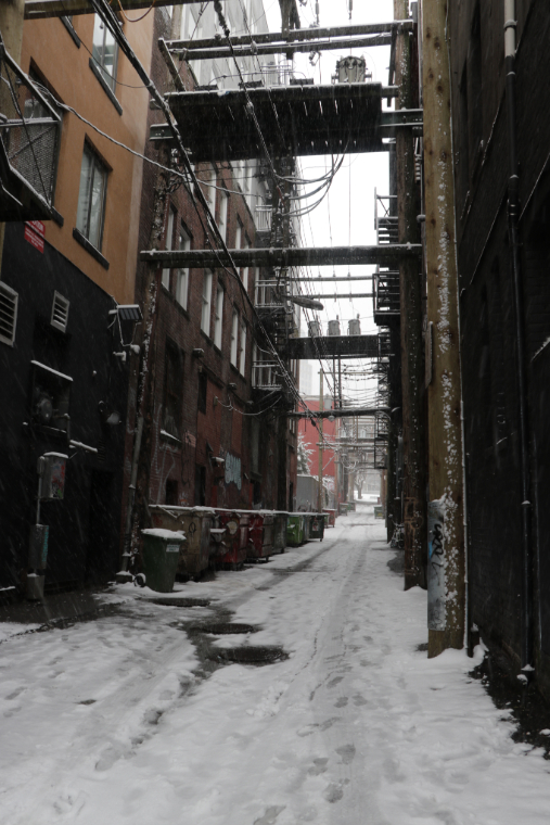 alley in Gastown, Vancouver on a snwoy day